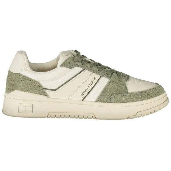 Tommy Hilfiger Tommy Hilfiger Leather Sneaker with Green Accents and Removable Footbed - White