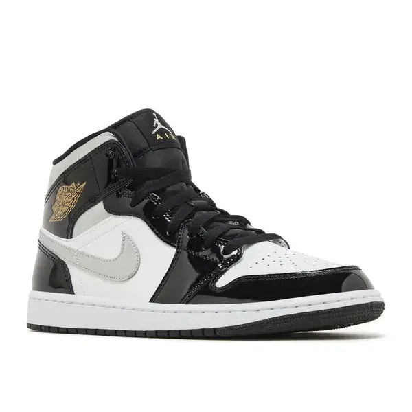 Jordan 1 Mid SE Patent Black White Metallic Silver Metallic Gold, foto 2 van 4