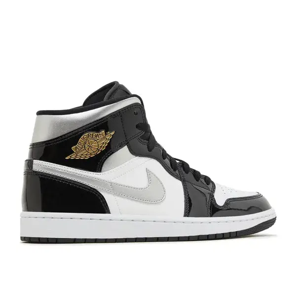 Jordan 1 Mid SE Patent Black White Metallic Silver Metallic Gold, foto 3 van 4