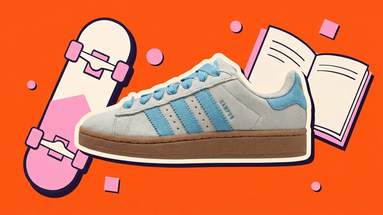 adidas Campus 00s naast een skateboard en een schrift, als papiercollage