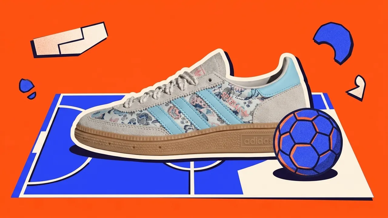 adidas Handball Spezial op een zaalvloer met een handbal, als papiercollage