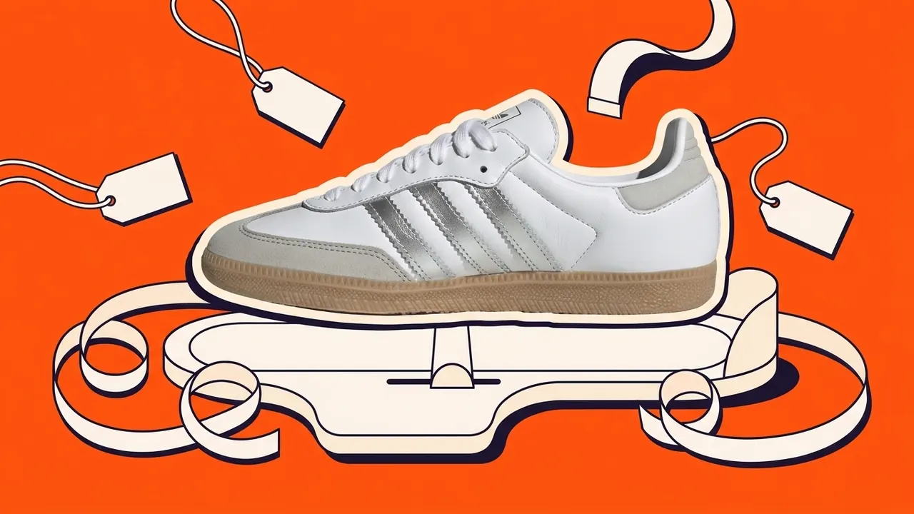 adidas-sneaker op een voetmeter met een meetlint en blanco maatlabels, als papiercollage
