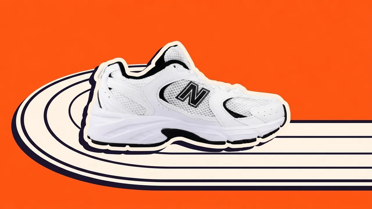 New Balance 530 in de bocht van een atletiekbaan, als papiercollage