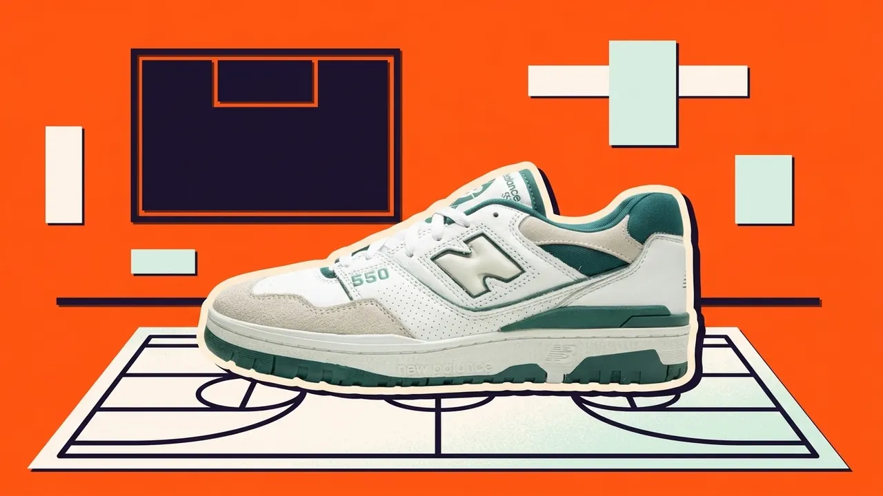 New Balance 550 op een gymvloer met een leeg scorebord, als papiercollage