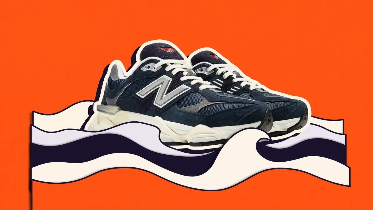 New Balance 9060 op papieren golven, als papiercollage