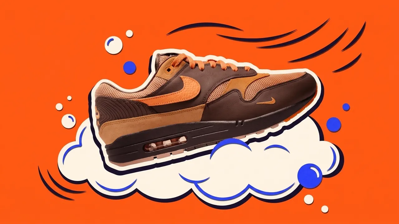 Nike Air Max 1 boven een papieren wolk met luchtbellen, als papiercollage