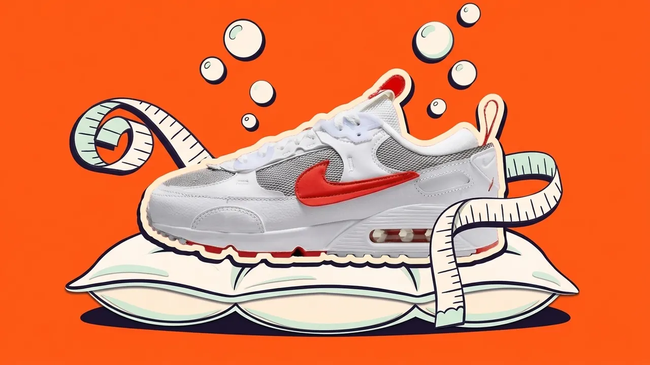 Nike Air Max 90 op een luchtkussen met een meetlint eromheen, als papiercollage