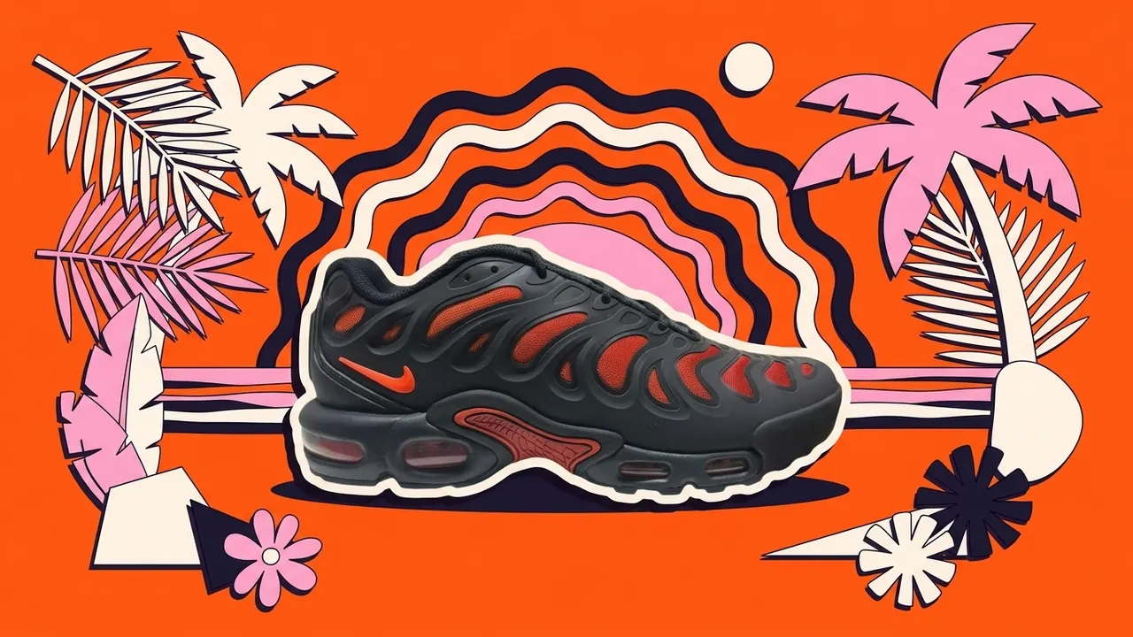 Nike Air Max Plus voor een zonsondergang tussen palmbladeren, als papiercollage