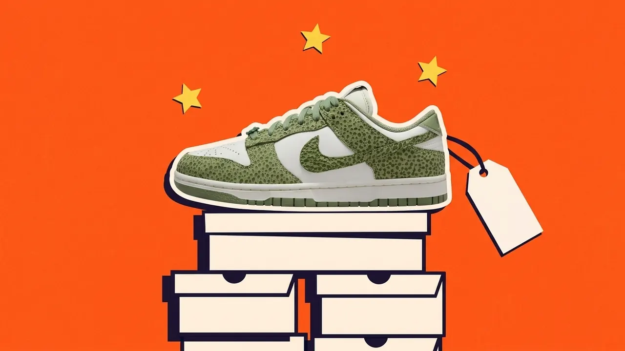 Nike Dunk Low op een stapel schoenendozen met een blanco prijskaartje, als papiercollage
