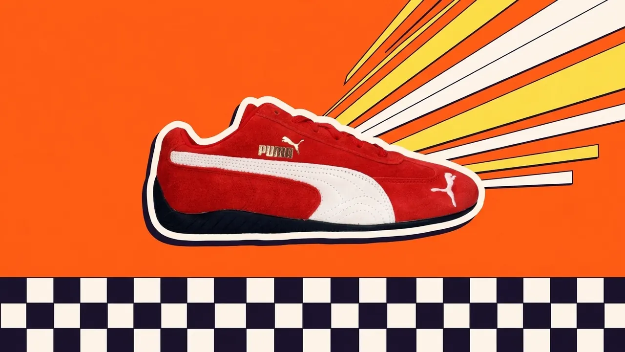 PUMA Speedcat met snelheidslijnen en een geblokt patroon, als papiercollage