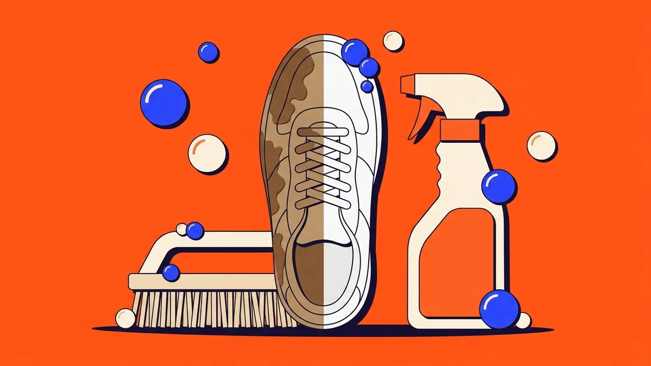 Papiercollage van een borstel, sprayfles en zeepbellen naast een half schone sneaker