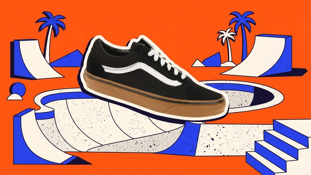 Vans Old Skool op de rand van een skatebowl, als papiercollage