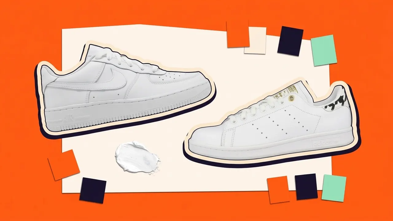 Witte Nike Air Force 1 en adidas Stan Smith tussen kleurstalen, als papiercollage