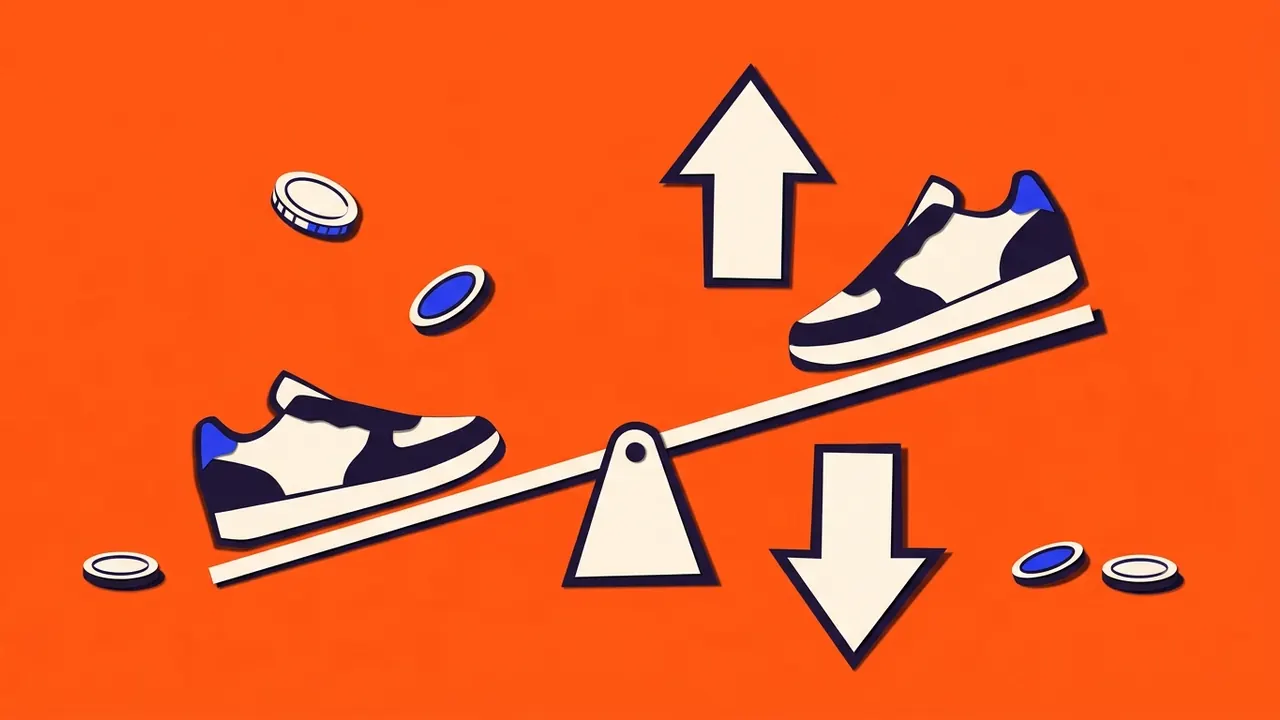 Papiercollage van twee sneakers op een wip met een pijl omhoog en een pijl omlaag