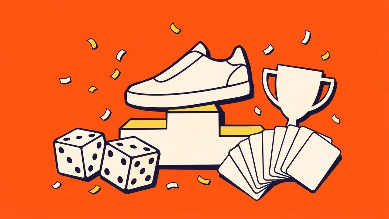 Papiercollage van een sneaker op een podium met dobbelstenen, een beker en confetti
