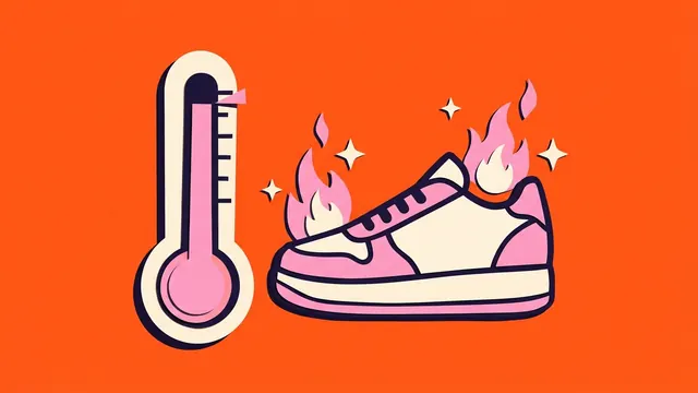 Papiercollage van een thermometer die bijna kookt naast een sneaker