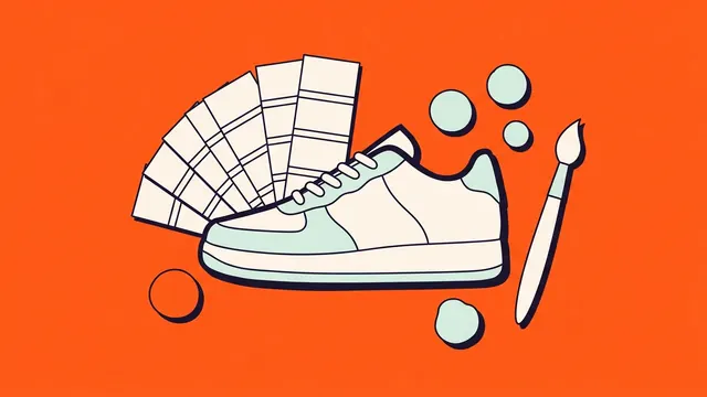 Papiercollage van een sneaker tussen kleurstalen en een kwast