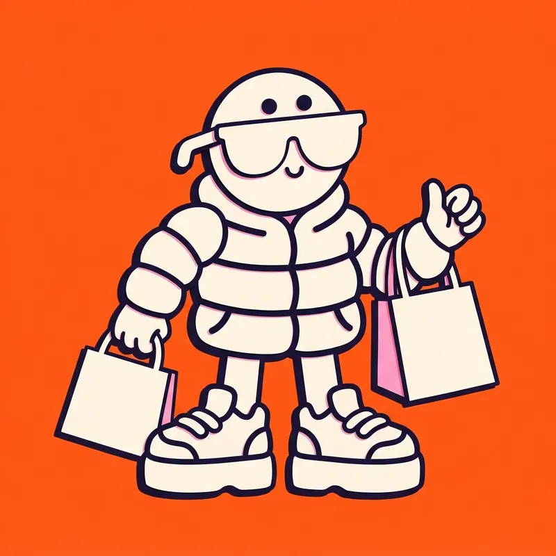 Cartoon van een trendsetter met zonnebril, pufferjas en dikke sneakers
