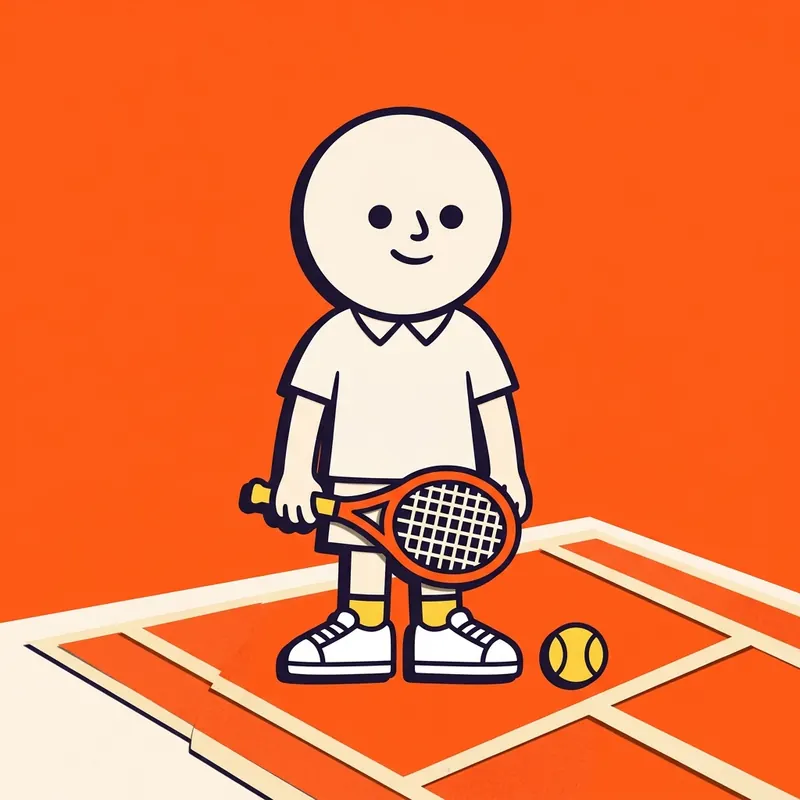 Cartoon van een figuurtje met een tennisracket en witte sneakers op een tennisbaan