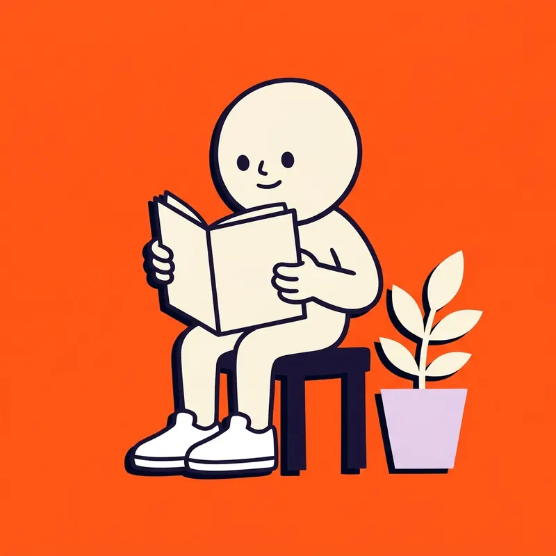 Cartoon van een rustig figuurtje met een boek, een plant en simpele witte sneakers