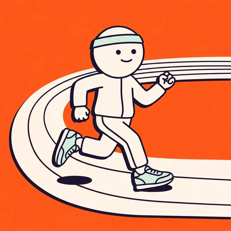 Cartoon van een hardloper in een vintage trainingspak op een atletiekbaan