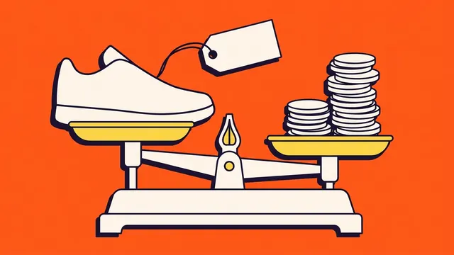 Papiercollage van een sneaker op een weegschaal tegenover een stapel munten