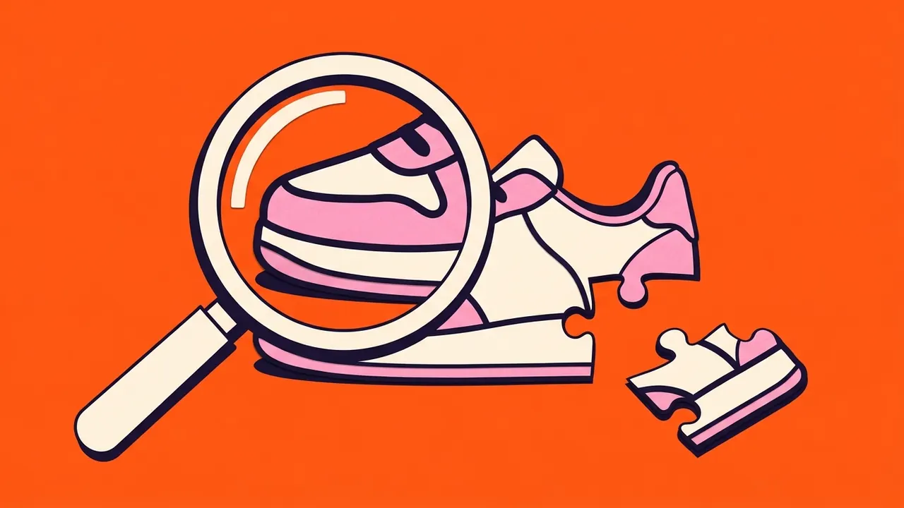 Papiercollage van een vergrootglas boven een sneaker met een losse puzzelstukje