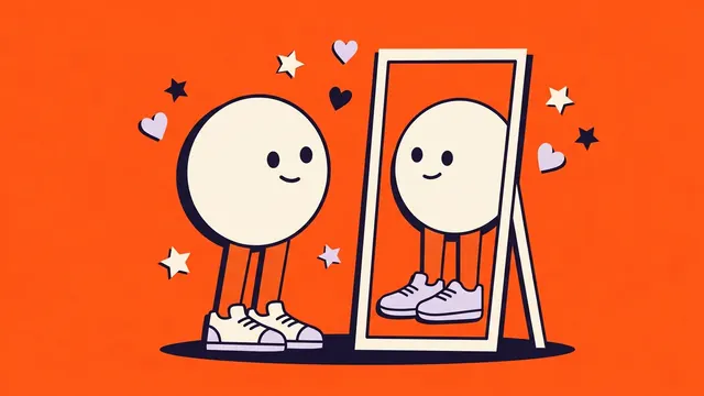 Papiercollage van een figuurtje voor een spiegel dat andere sneakers ziet